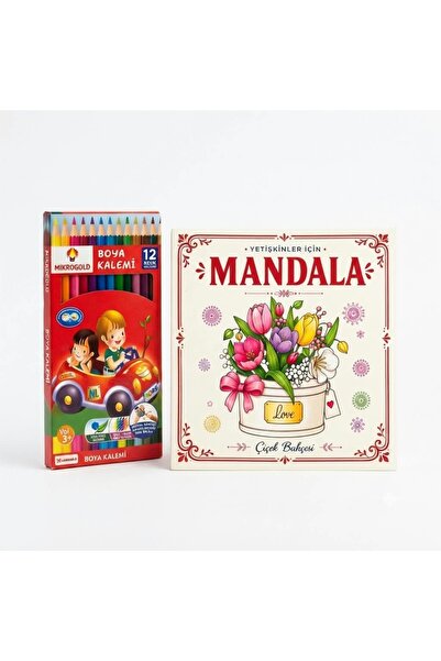 Yetişkinler İçin Mandala Çiçek Bahçesi Boyama Kitabı + 12'li Mikrogold Kuru Boya Kalemi Hediyeli