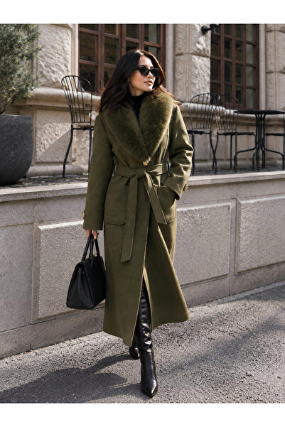 ALURA MODA Kadın Kürk Yaka Detaylı Kuşaklı Uzun Kaban / Palto