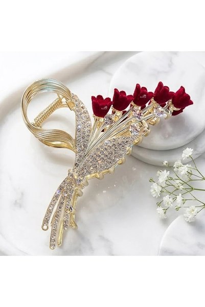 Glamluxe Kadın Gold Metal Taşlı Gül Buketi Mandal Toka 11 cm - Bordo Kadife Ç...