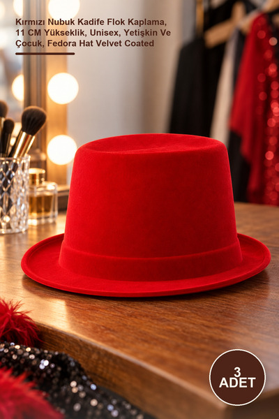 Yenilig 3 pieces of plastic fedora hat - red nubuck velvet flock coating, 11 ...
