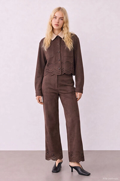 Myra Embroidery Detailed Match Pants Jacket Velvet Suit Brown