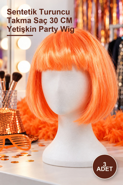 Yenilig 3 short bob party wigs - synthetic orange hairpiece 30 cm adult party...