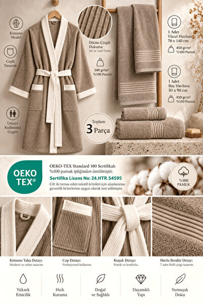 Ellaline 3 Piece Kimono Bathrobe Set 100% Cotton Certified Contrast Striped Unisex Bathrobe Set - Beige