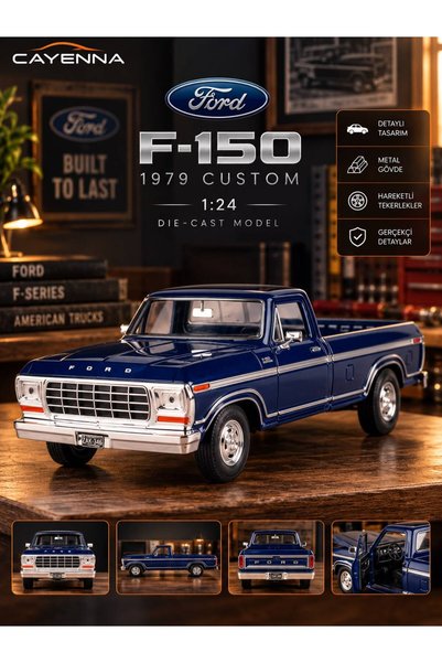 cayenna 1979 Ford F-150 Custom 1:24 Ölçek Mavi Die-Cast Model Araba