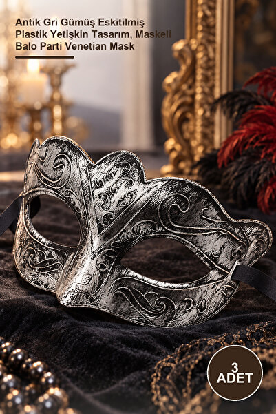 Yenilig 3 Pieces of Venetian Masks – Antique Gray Silver Distressed Plastic A...
