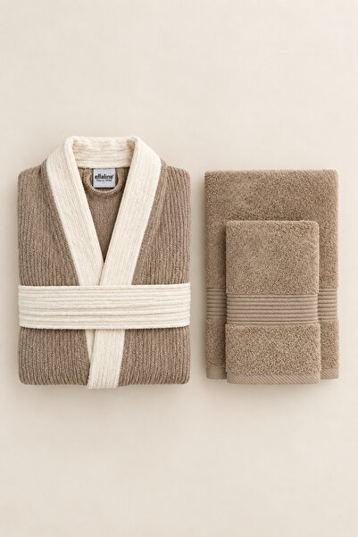 Ellaline 3 Piece Kimono Bathrobe Set 100% Cotton Certified Contrast Striped Unisex Bathrobe Set - Beige