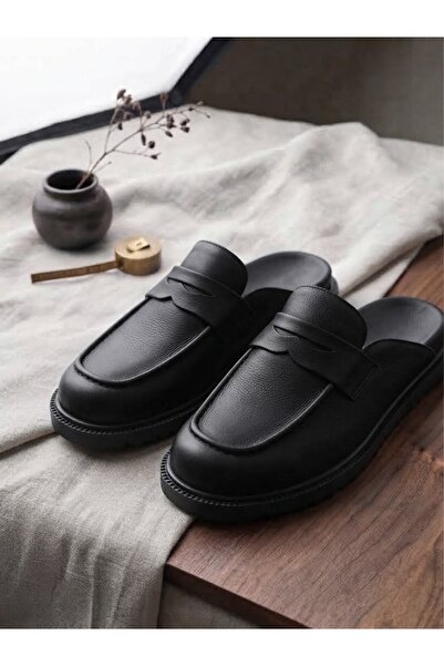 Siyah cilt çift tabanlı loafer terlik