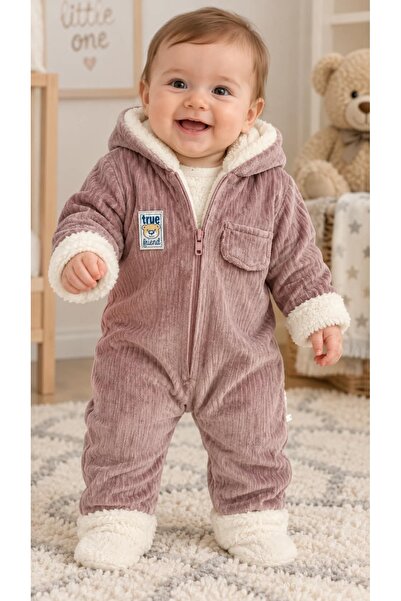 KUZENLER BEBE BEBEK İÇİ WELSOFT DIŞI KADİFE KIŞLIK KAPŞONLU KOZMONOT TULUM kz...
