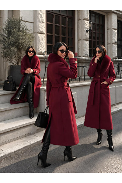 ALURA MODA Kadın Kürk Yaka Detaylı Kuşaklı Uzun Kaban / Palto