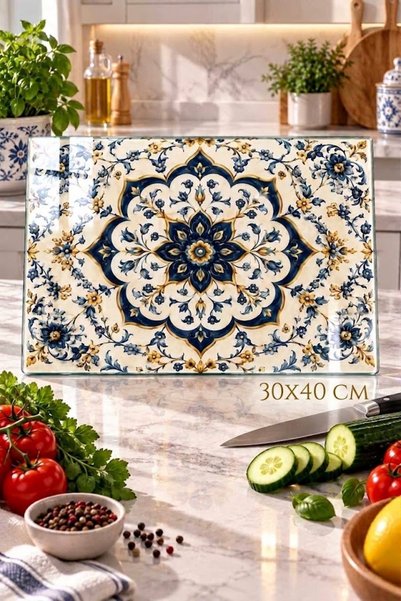 Generic Brand Glass Cutting Board with Iznik Tile Theme - Glass Cutting Board...