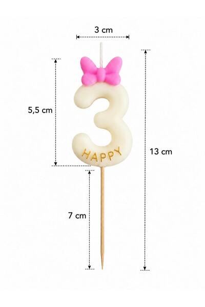 OEM Lumanare aniversara, cifra 3, cu fundita roz, handmade, 13 cm