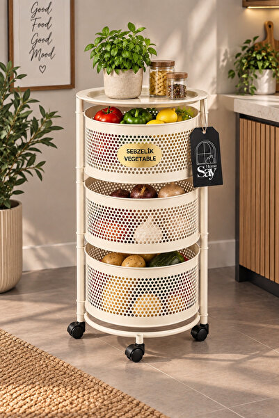 SAY HOME TEKERLEKLİ METAL 3 KATLI AÇILIR KAPANIR SEBZELİK (KREM)