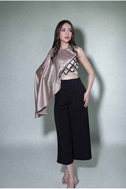 gmax Black Geometric Beaded Embroidery Satin Women's Set
