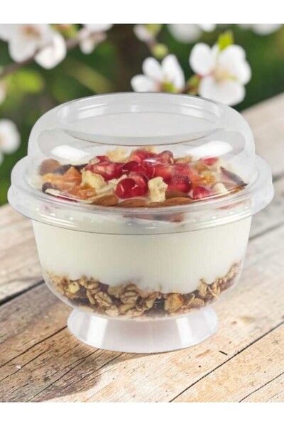 Generic Brand 25 Pieces of Round Footed Bowls with Lids, Plastic, Transparent, 200 Cc, Width: 9.5 cm | Height: 8.5 cm