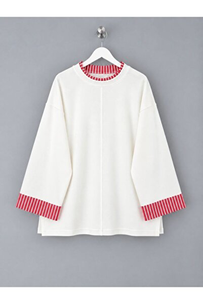 KEVRA Kadın Çizgili Garnili İki Parça Görünümlü Oversize Sweatshirt - Yırtmaç...