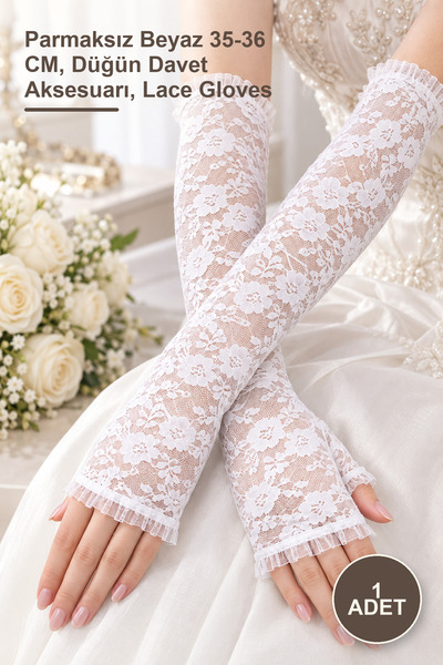 Yenilig 1 piece long elegant lace gloves - fingerless white 35-36 cm, wedding...