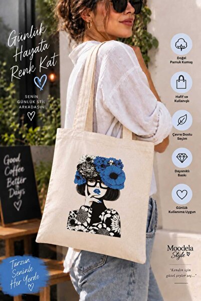 Mavi Çiçekli Kadın Bez Çanta – Pamuklu Kanvas Tote Bag – Şık ve Özgün Tasarım Günlük Omuz Çantası