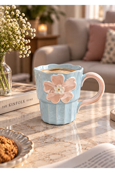 Onedekor Petal Lüsterli Mavi Porselen Kupa 360 ML
