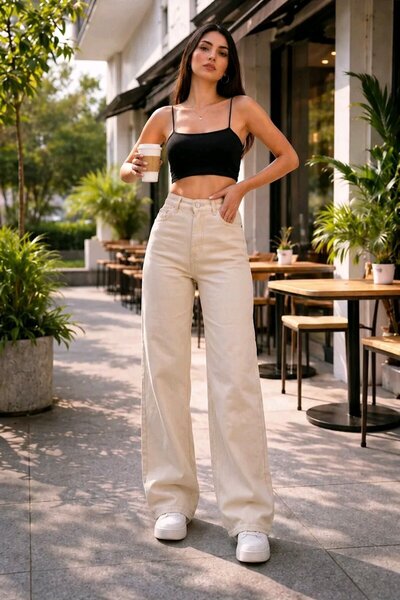 Trn JNS Παντελόνι Christian Beige Lycra Super High Waist Loose Jeans Palazzo....