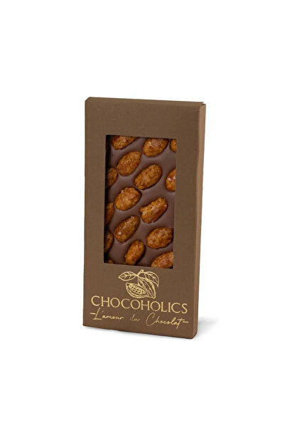 CHOCOHOLICS Tableta de ciocolata belgiana cu lapte si migdale caramelizate, artizanala, cadou. 110 gr