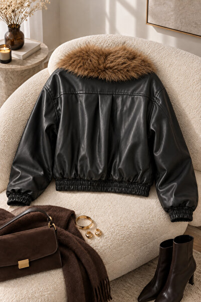 FEMELLE Women's Fur Collared Black Faux Leather Bomber Coat – Elastic Waist and Cuff Detail