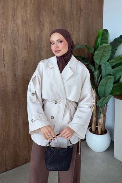 Şule Giyim Styl Buttoned Half Trench Beige