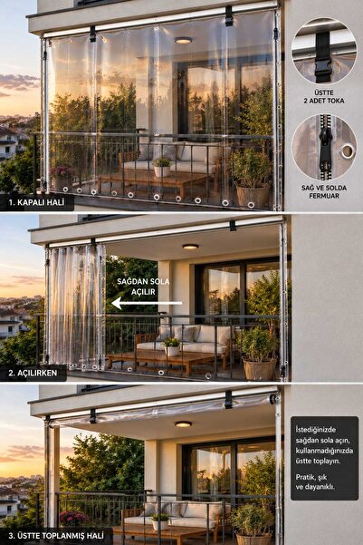 sizenelazım Şeffaf Su Geçirmez Fermuarlı Balkon Perdesi 0.40 mm PVC – Kornişli Şeffaf Branda – Kamelya, Teras ve Kış Bahçesi