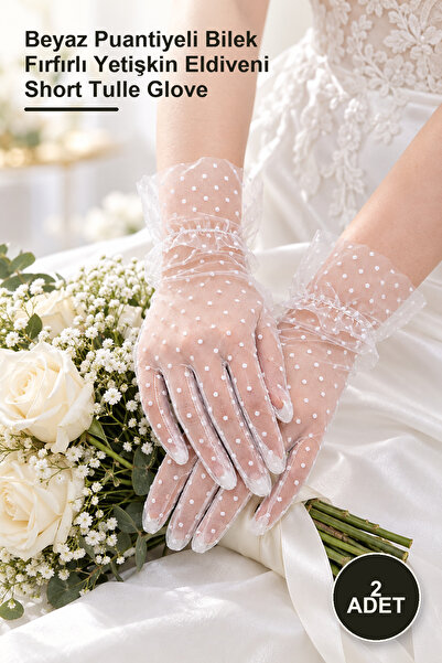 Yenilig 2 Pieces of Guipure Short Tulle Gloves – White Polka Dot Wrist Ruffle...