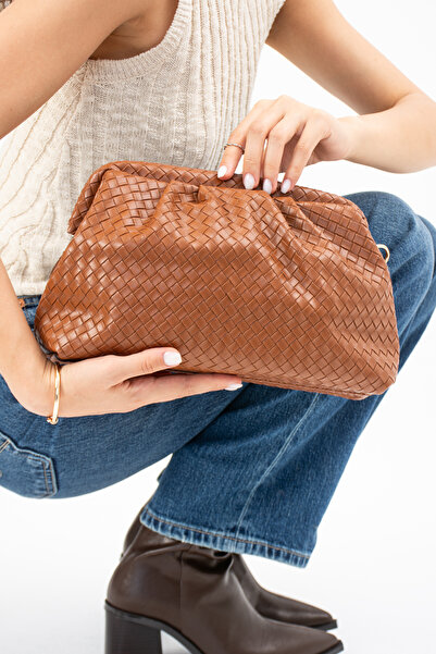 DEV 3 ADAM Tan Knitted Detailed Clutch Portfolio and Shoulder Bag