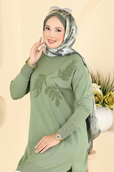 morlifefashion KADIN TAŞ DETAYLI YAPRAK DESENLİ TRİKO TUNİK