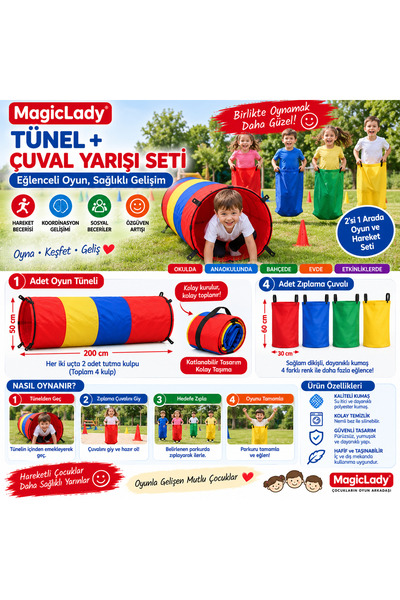 Magiclady Tünel + 4’lü Çuval Yarışı Oyun Seti – Çocuk Aktivite ve Parkur Oyunu