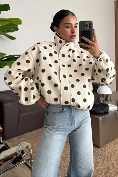 OYKU FASHION Fl Puantiyeli Bomber Ceket Bej