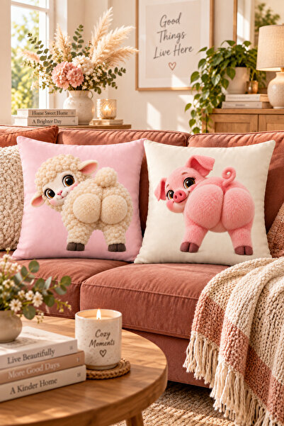ayshome textile Dijital Baskı Sevimli Kuzu Esprili Dekoratif 2'Li Kırlent Kılıfı Seti (Hediyelik ev bahçe)