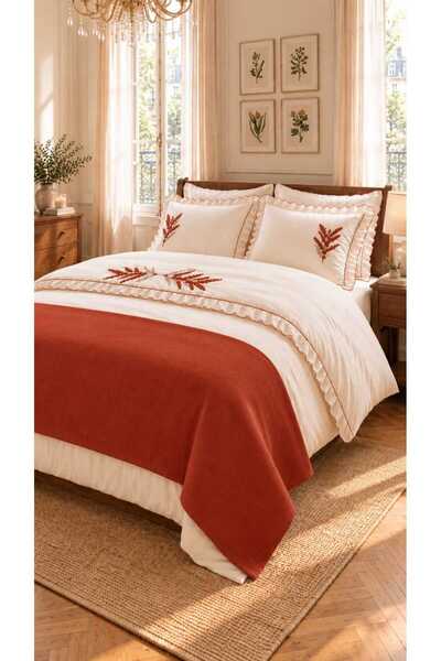 İK TEKSTİL Trigo Tile Flower Embroidered Cotton Duvet Cover Set 7 Piece Moder...