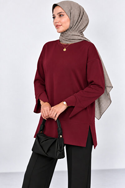 CNRCollection Kadın Bordo Modal Kumaş Yırtmaç Detaylı Bisiklet Yaka Oversize ...