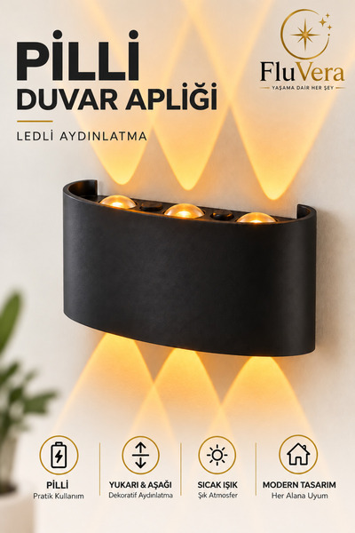 FluVera Pilli OVAL Duvar Apliği 3 LED Amber Işık Kablosuz Duvar Lambası Yukar...