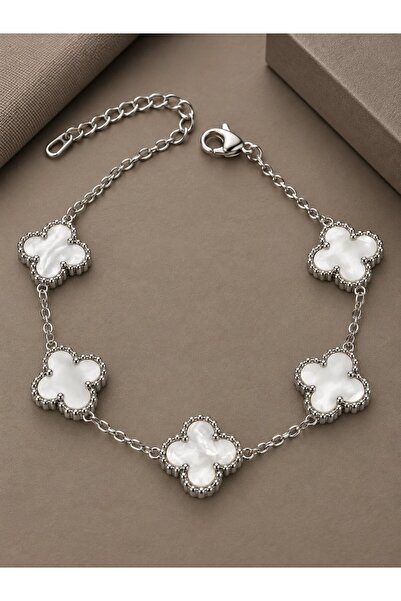 serelya 316L Steel Silver Color White Pearlescent Clover Bracelet