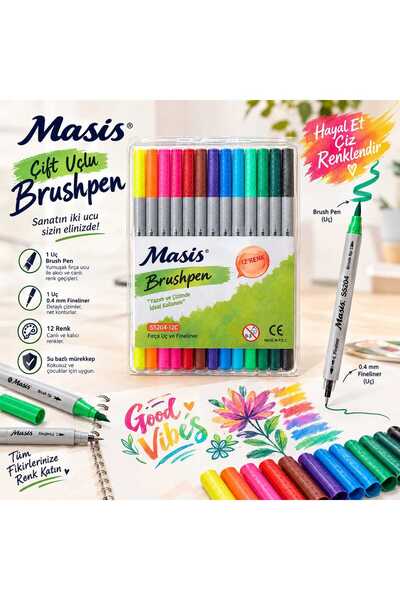 Masis Çift Uçlu Brushpen 12 Renkli İnce Ve Kalın Uçlu Su Bazlı Keçeli Kalem