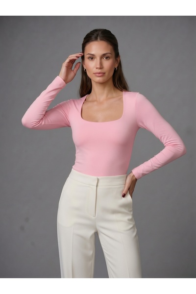 Noe Collection Kadın Uzun Kollu Kare Yaka Çıtçıtlı Slim Fit Esnek Bodysuit