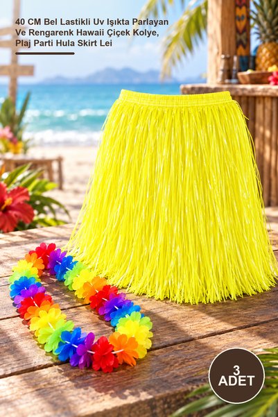 Yenilig 3 Adet Neon Sarı Hawaii Etek – 40 CM Bel Lastikli Uv Işıkta Parlayan Ve Rengarenk Hawaii Çiçek Kolye, Plaj Parti Hula Skirt Lei