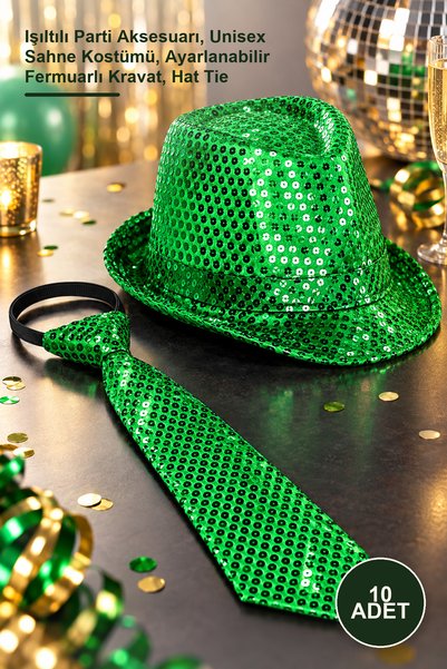 Yenilig 10 Pcs Green Sequined Hat and Tie Set – Glittering Party Accessory, U...