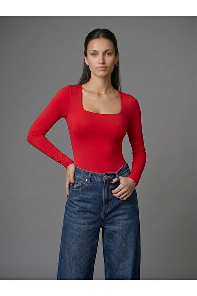 Noe Collection Kadın Uzun Kollu Kare Yaka Çıtçıtlı Slim Fit Esnek Bodysuit