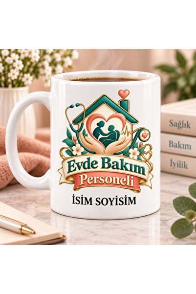 Evde Bakım Personeli Kupa Bardak Ev Kalp ve Stetoskop Desenli