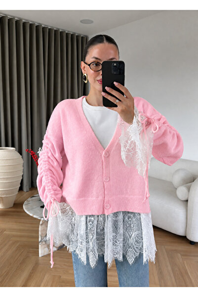 RFK Butik Kadın Premium Dantel Detaylı Triko Hırka - Pembe