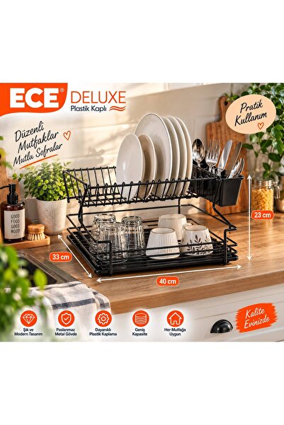 Deluxe 2 Katlı Plastik Kaplı Bulaşıklık Tabaklık Çatal Kaşıklık ve Damlalıklı Tepsi 40x33x23 cm