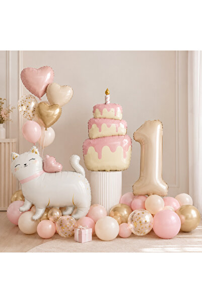 Öztürkpartievi Yaş Doğum Günü Kedi & Pasta Temalı Balon Seti – Pembe Krem Gold