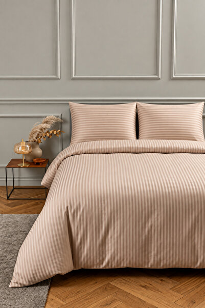 Marlenka Home Tex %100 Pamuk 210 TC (83 Tel) Çift Kişilik Çizgili Saten Nevre...