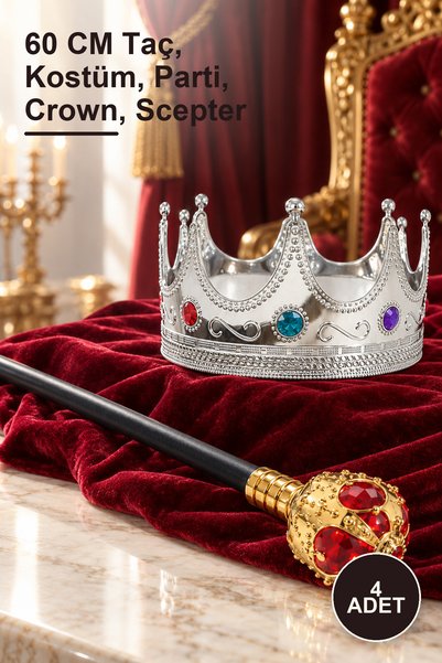 Yenilig 4-Piece Silver Stone King's Crown and Red Gold Handle King's Scepter ...