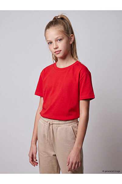 LC Waikiki Vizyon New Season Red Crew Neck Girls' T-Shirt
