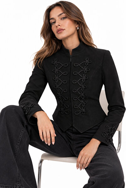 LOKADI Women's Stand Collar Cord Embroidered Suede Military Jacket Zipper Sli...